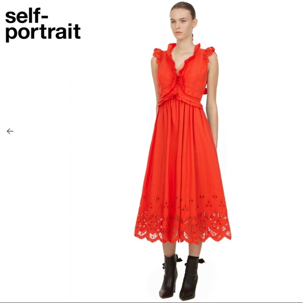 Self-Portrait Broderie Embroidered Lace Red Midi‎ Dress size 6 - Picture 2 of 16